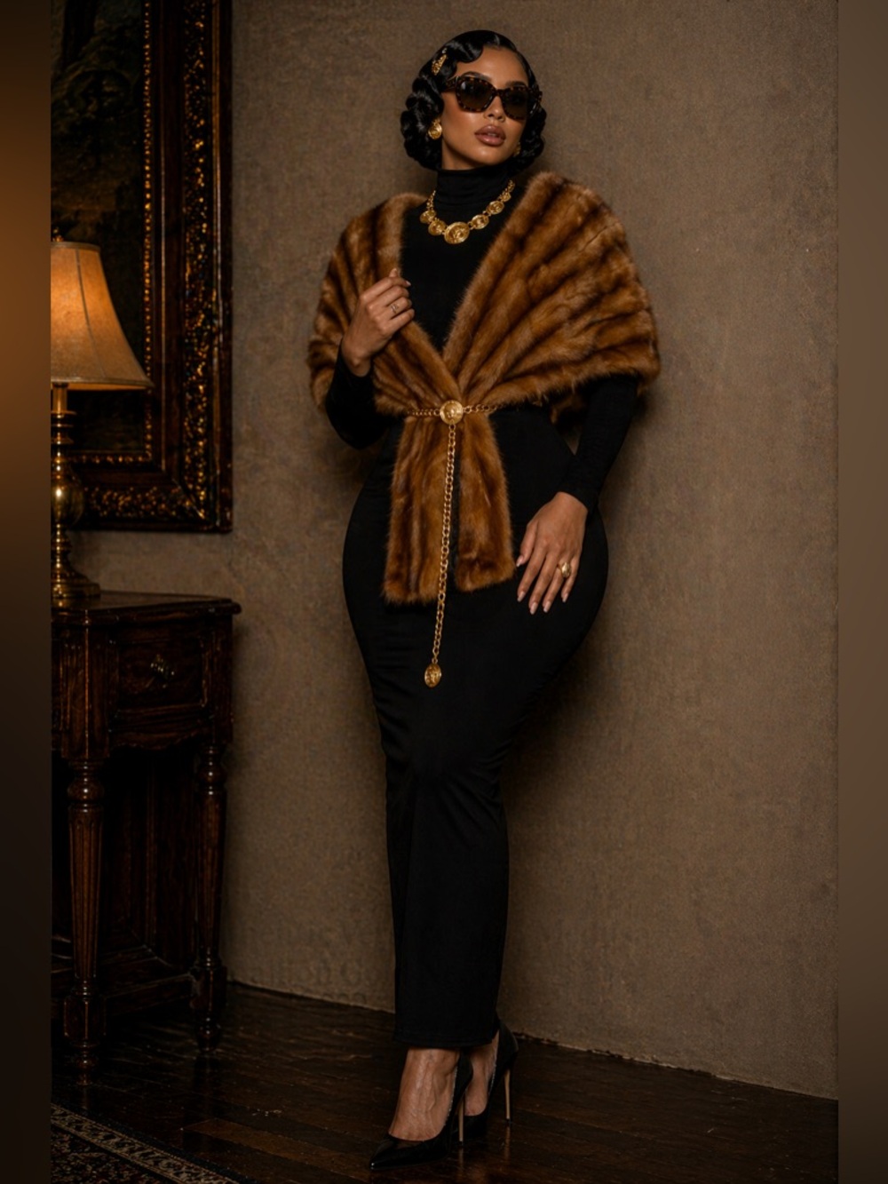 Vintage Genuine Mink Fur Stole Embroidered Lining & Monogram Mid-Century Glamour